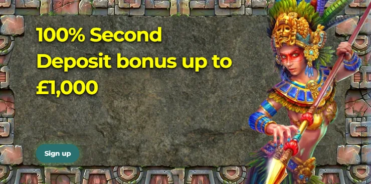 Step 2: 100% second deposit bonus up to £1,000 at Aztec Paradise